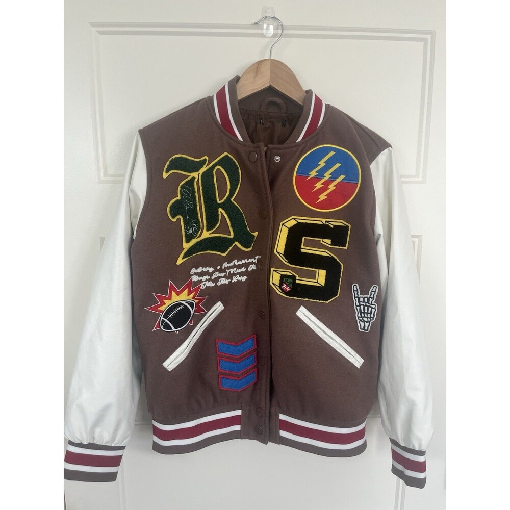 Fashion Nova Winning Game Letterman Jacket Brown Cream Patchwork Bomber Small S